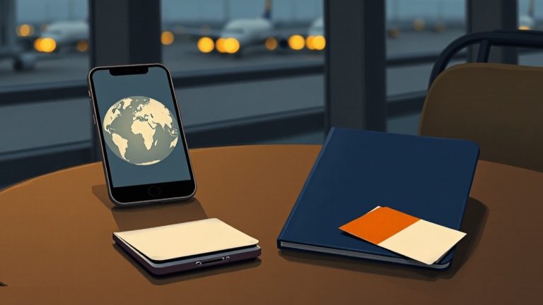 Illustrazione: uno smartphone con un globo luminoso accanto a passaporto e carta d’imbarco