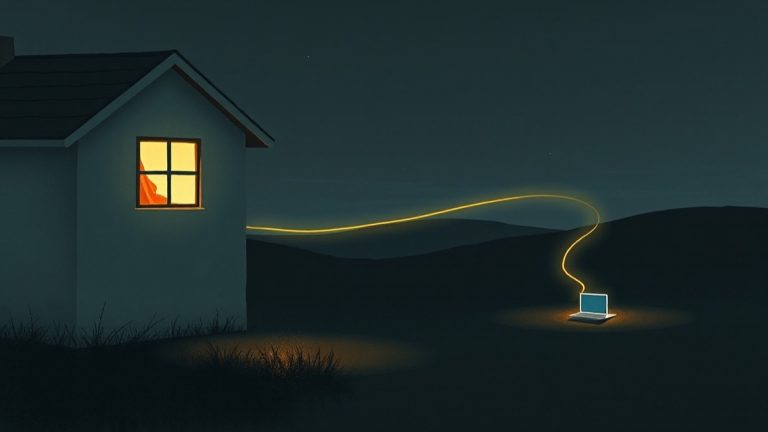 Illustrazione: una casa di notte con una linea di luce che corre verso un portatile lontano