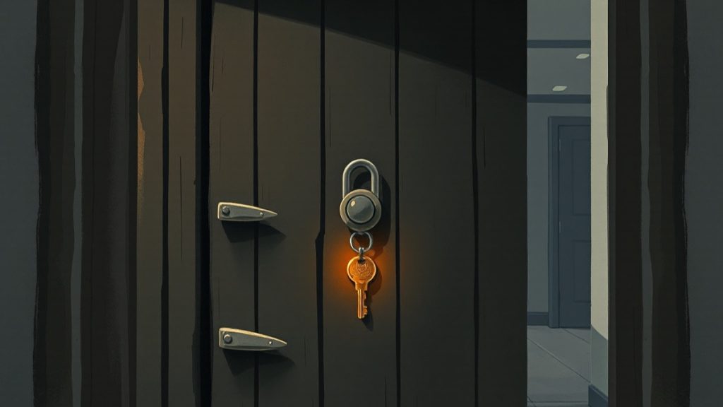Illustrazione: una porta con tre serrature diverse e una chiave luminosa