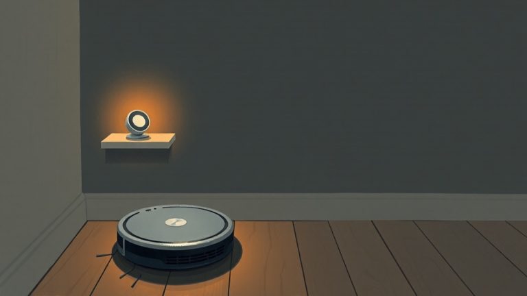 Illustrazione: un robot aspirapolvere sul parquet e un piccolo hub smart su una mensola