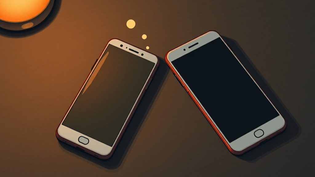 Illustrazione: due smartphone affiancati su una scrivania, uniti da un arco di luce